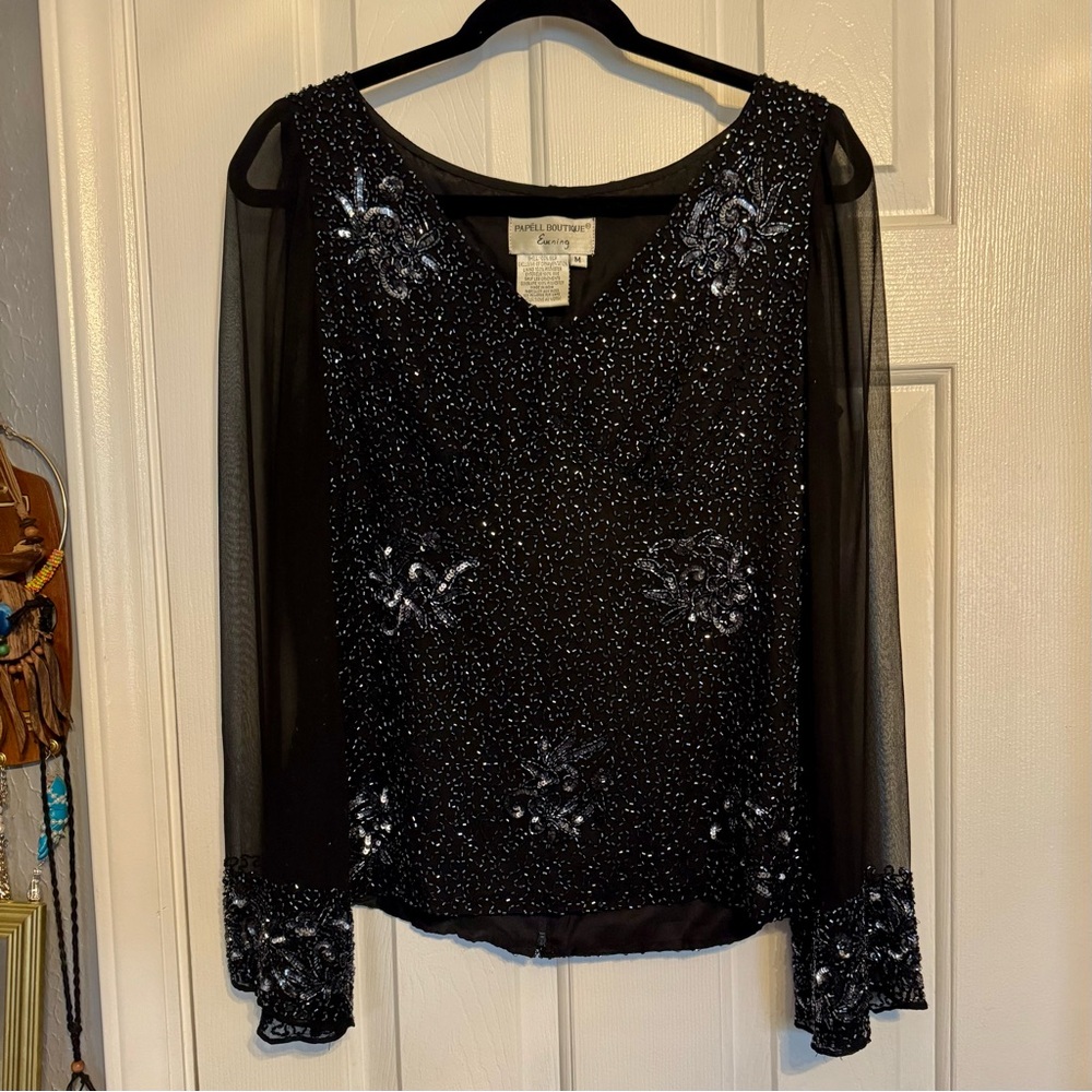 Vintage Papell Boutique Beaded Blouse Sheer Sleeves 100% Silk Womens Medium